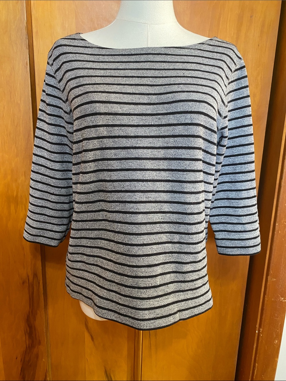 Striped Boatneck 3/4 Sleeve Top Gray Navy Blue Nautical Coastal Preppy Casual